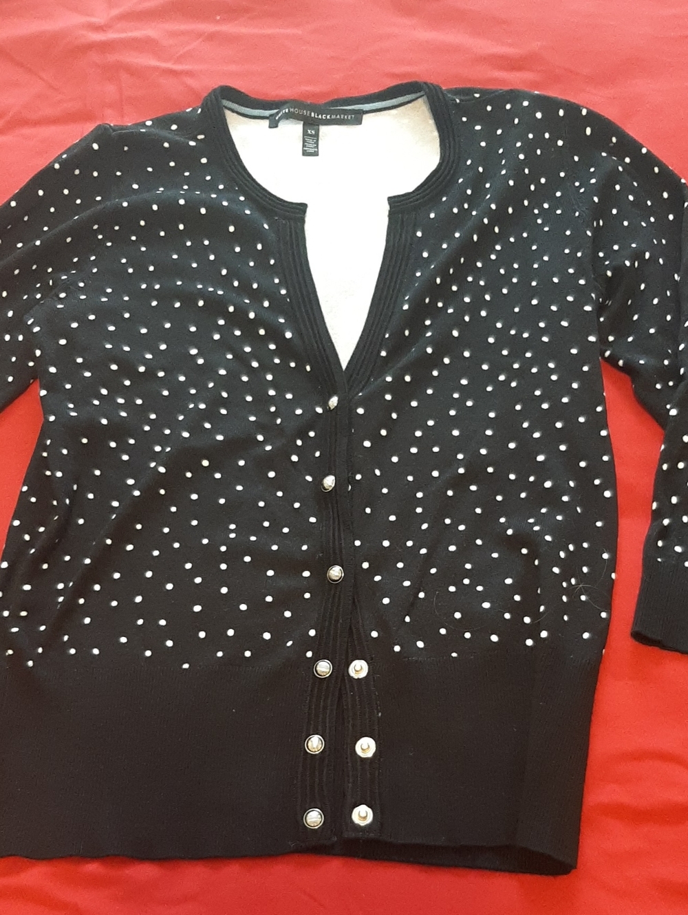White House Black Market Black Cardigan with White Polka Dots XS